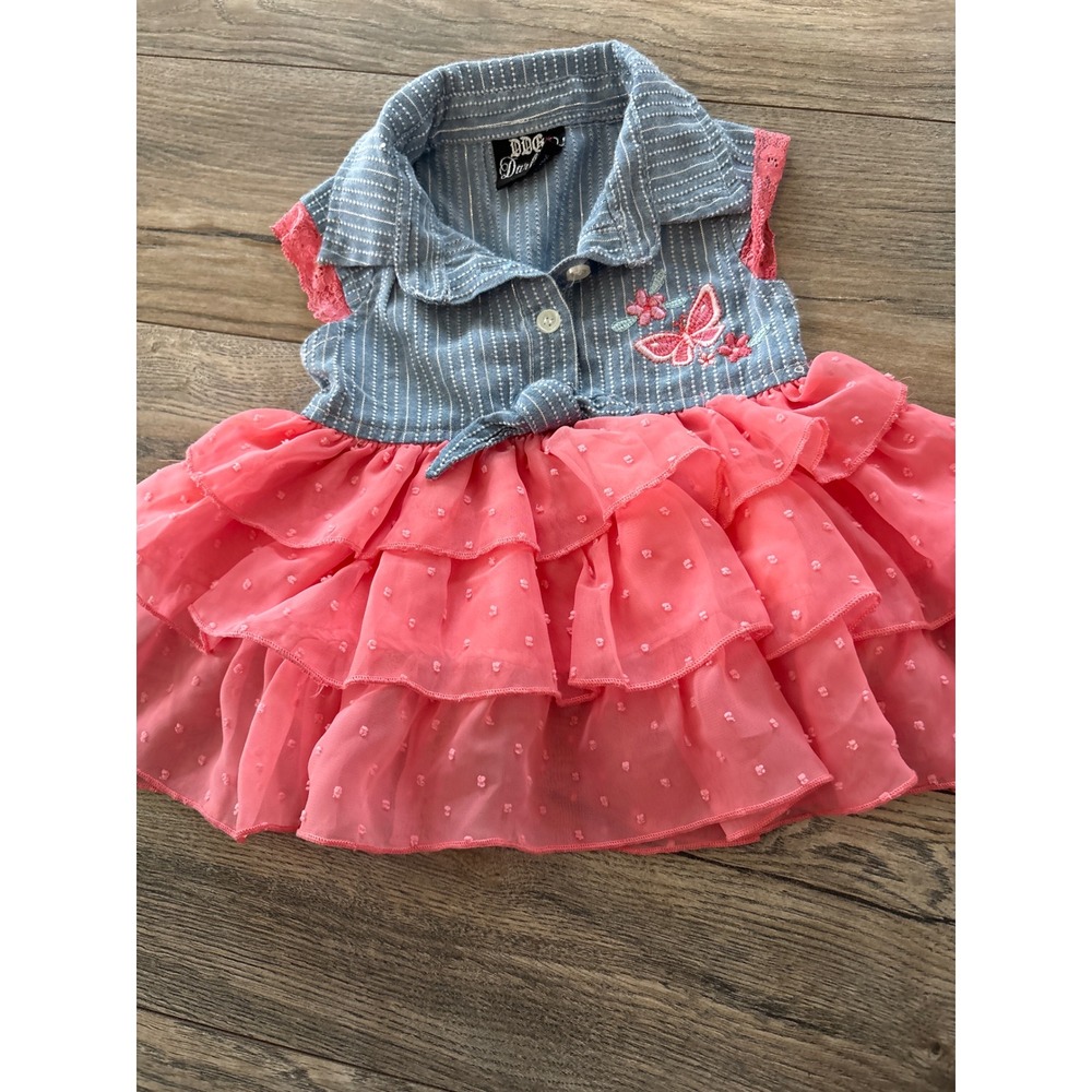 DDG Darlings Toddler Girls Blue Denim Coral Pink Ruffle Chiffon Dress 24M